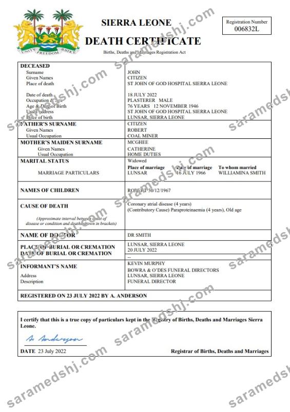 Sierra Leone death certificate Word and PDF template